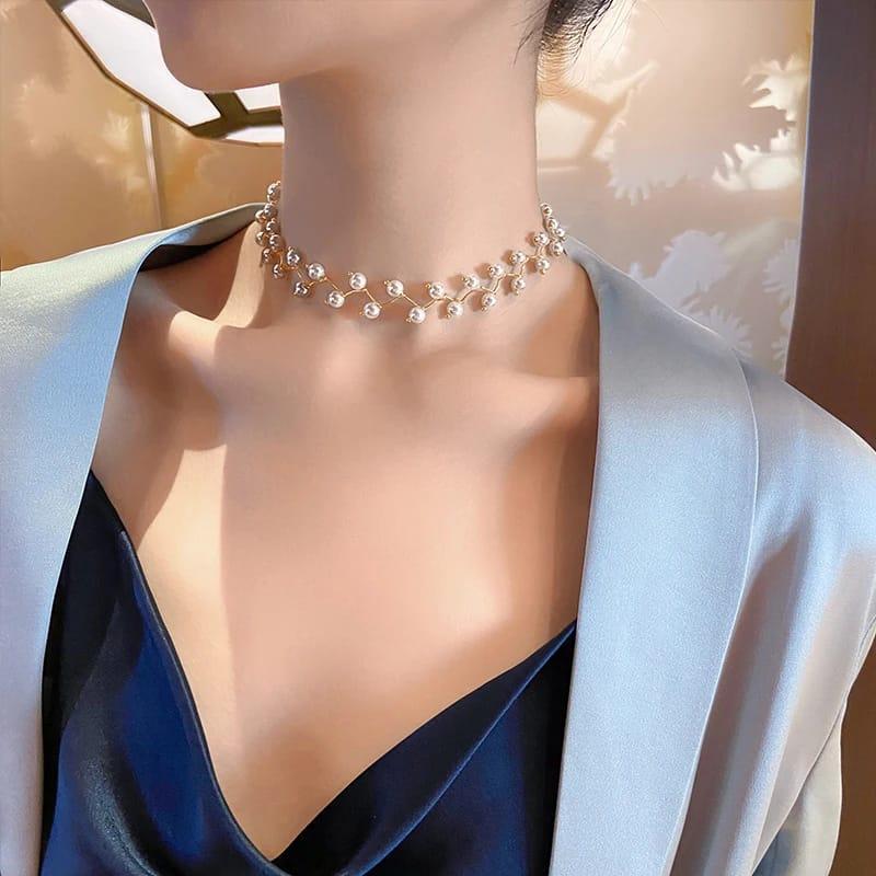 White Pearl Choker Necklace Adjustable Zinc Alloy